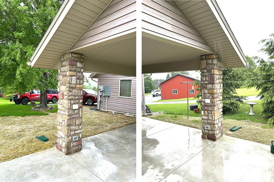 Cinder block patio roof posts over piers and prepped posts for stonework. 
